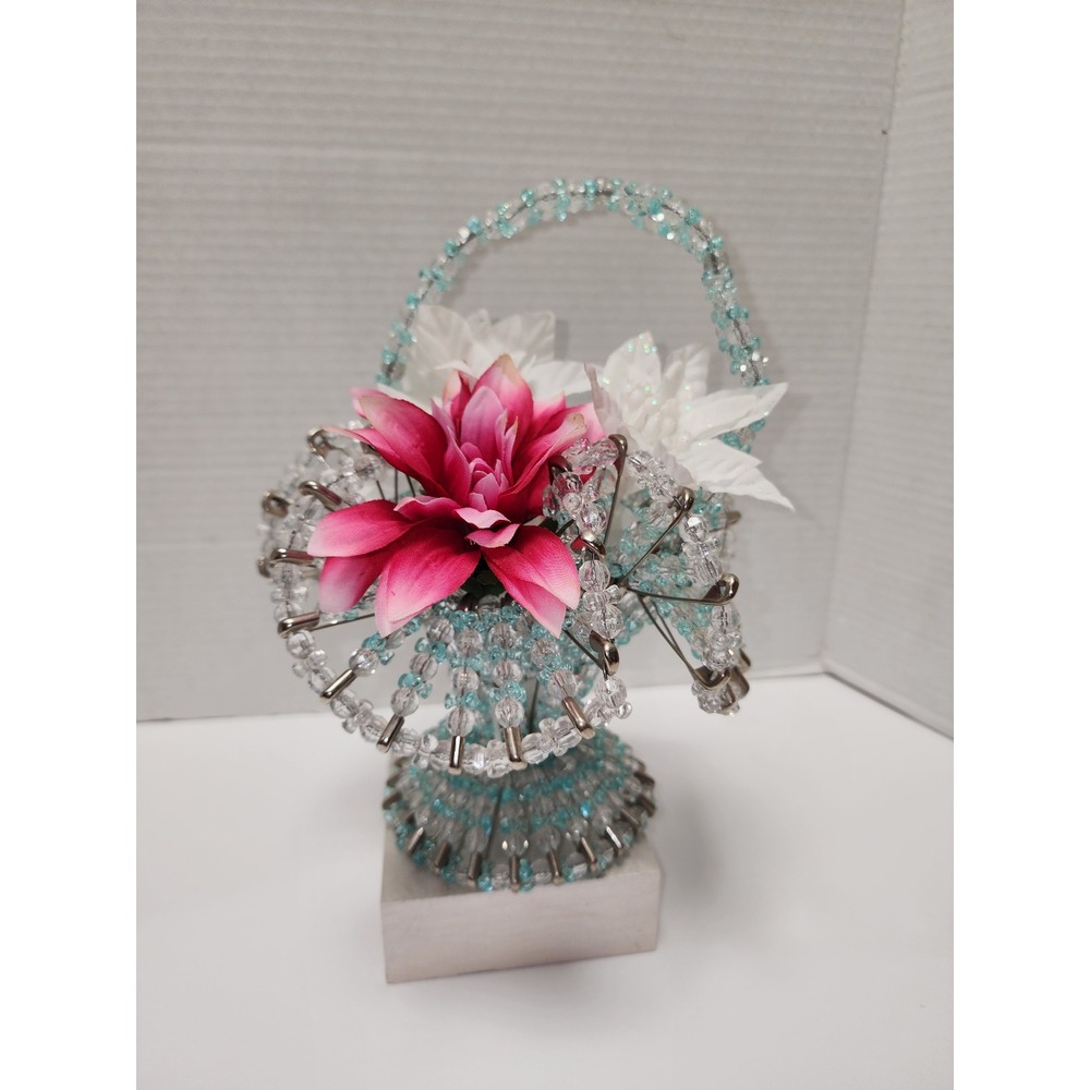 Vintage‎ beaded safety pin basket hand made shabby chic